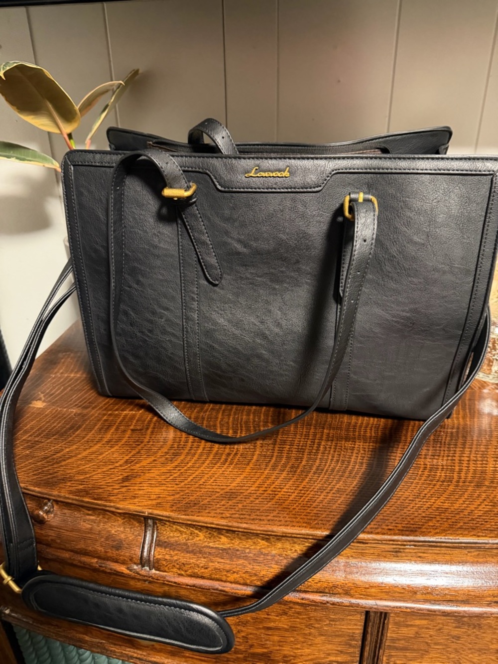 Black Leather Tote Bag with Shoulder Strap- with computer compartment